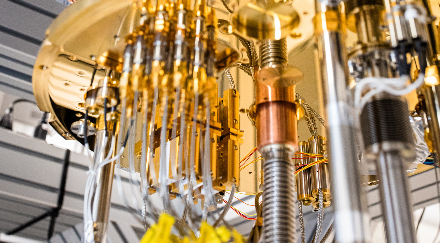 Cryogenic dilution refrigerator at MIT for superconducting qubits (Credit: Nathan Fiske)